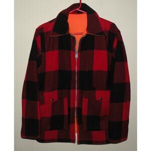 Vtg Woolrich Wool Blend Coat Men’s Medium Red Black Buffalo Plaid Zip Front